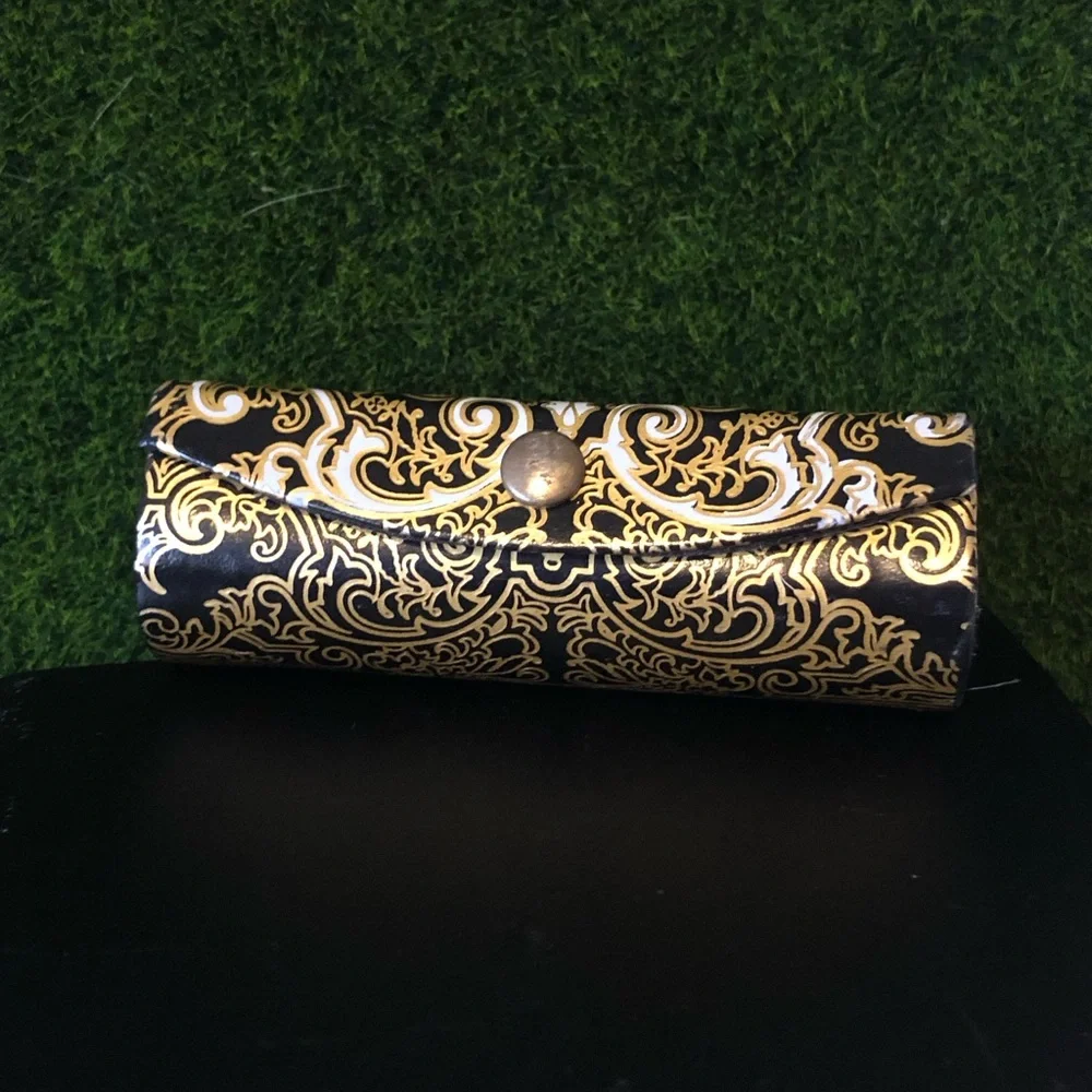 Vtg Black/Gold Regal Filigree Lipstick Hardcase w/ Interior Mirror